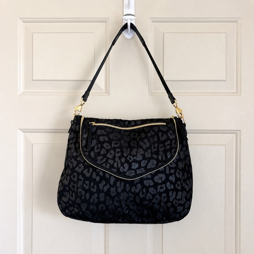 Stella & Dot Lady Boss Black Leopard Nylon Shoulder Crossbody Bag Gold Hardware